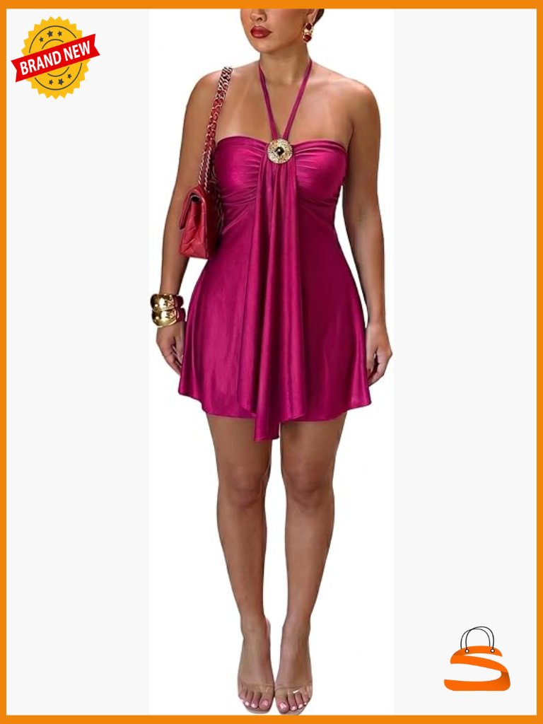 Satin Halter Mini Dress Backless Ruched Bust A Line Flowy Sundress
